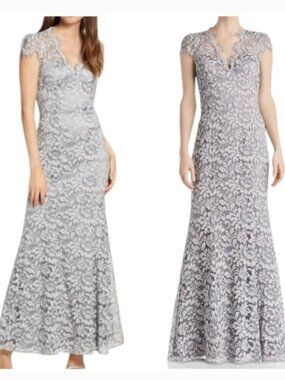 Eliza J NWOT Scalloped Sheath Lace V-Neck Floral Gown Gray Cap Sleeve Sz 14